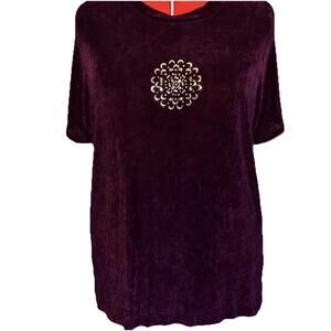 VTG Klg & Co Womens XL Purple Liquid Knit Metallic Flower Top Acetate